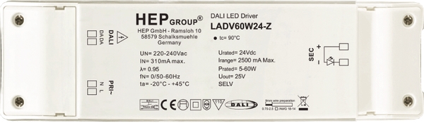 HEP LED Netzteil 60W 24Vdc dimmbar Frontansicht
