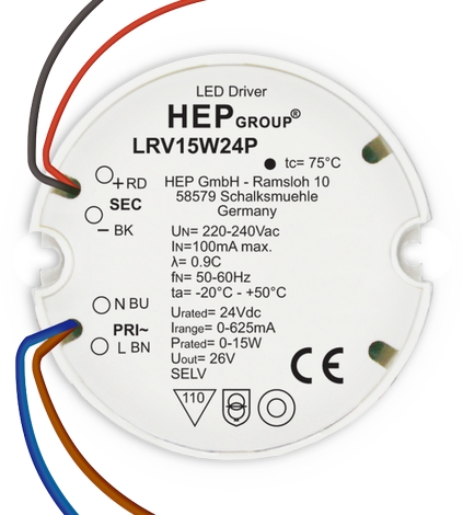 HEP LED Netzteil 24Vdc 15W Konstantspannung Frontansicht