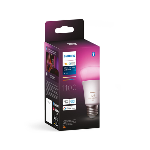 Philips Hue E27 Lampe in Frontansicht, smarte LED mit Farbwechsel