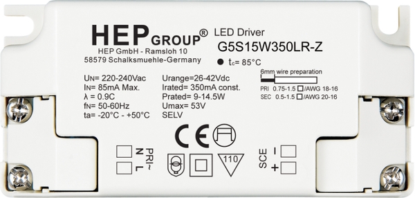 HEP LED Treiber, 15W, 1050mA, Konstantstrom, Frontansicht