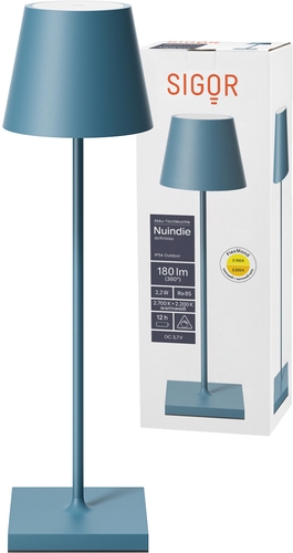Sigor Akku-Tischleuchte Nuindie USB-C 380mm delphinblau Frontansicht