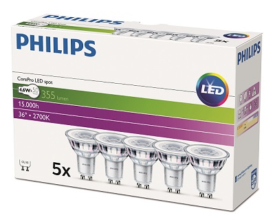 Philips LED-Lampe Corepro LEDspot 4.6-50W GU10 827 36D 5CT Frontansicht