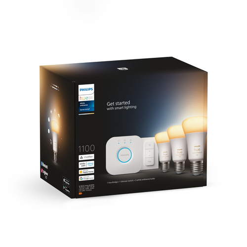 Philips Hue White ambience Starter-Set mit drei E27 LED-Lampen und Dimmschalter, Produktfoto Frontansicht